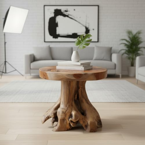 Kinaree Teakholz Beistelltisch JOMTIEN IV - 50cm runder Wurzelholz Baumstamm Hocker - Massivholz Blumenständer (40 cm/Tischplatte 4,5 cm)