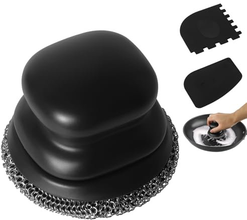 Spazzola per padelle in ghisa, pulitore di pentole con 2 raschietti, spazzola di pulizia a catena per piatti, pentole, padelle, griglie, grill (nero, anello piccolo)