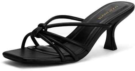 LOOPCHARM Women's Strappy Square Open Toe Kitten Heels Sandals Knotted Design Summer Fashion Slip On Mule Style,BLACK PU,8