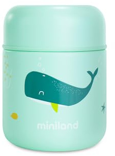 Miniland - Baby Thermo for Food 280ml Stainless Steel, Keeps Temperature Over 24h, Leak-Proof Closure and Double Wall Insulation (Whaley)