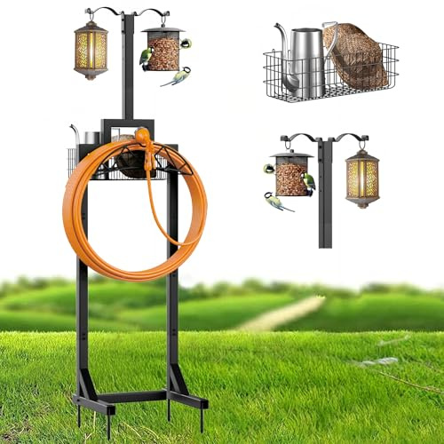 neatevday Garden Hose Holder, Water Hose Holders for Outside with Storage Basket & 2 Shepherds Hooks, Detachable Garden Hose Holder Freestanding, Heavy Duty Hose Holder Supports 150ft Hoses