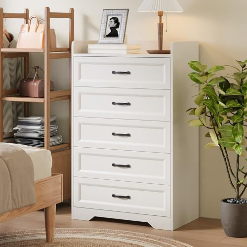 Gizoon 5 Drawers Dresser, 44.3 H Dresser for Bedroom, Chest of Drawers with Large Storage Capacity, Modern 5 Drawer Chest with Smooth Rail, Handles, Anti-tilt Device, for Hallway, Living Room, White