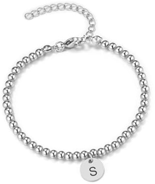 Zysta Personalisierte Armband Damen 4mm Perlenarmband mit Buchstaben Verstellbar ArmSchmuck Silber Gold für Frauen Mädchen (Silber)