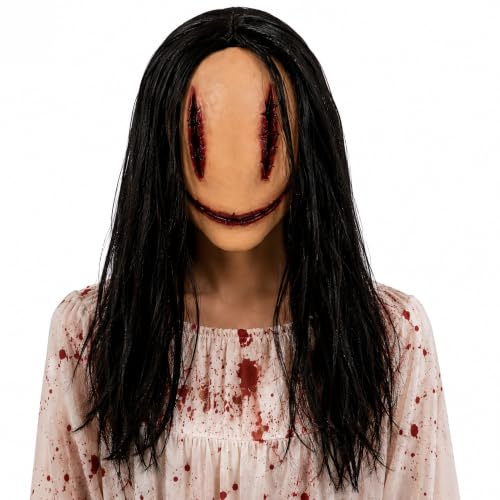 PILUZEAT Maschera Halloween Adulti Donna Uomo,Maschera Horror Realistica Demone Integrale in Lattice con Lunghi Capelli Neri,Scary Mask Fantasma Spaventoso per Carnevale Cosplay Festa Horror
