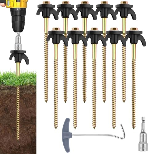 Flintronic 10Pcs Heavy Duty Metal Tent Pegs, 8 Rotating Rock Pegs with Thread, Ground Anchors with Peg Extractor, for Hard Stony Ground and Gravel Pitches, Hiking, Camping Tent Accessories-Black