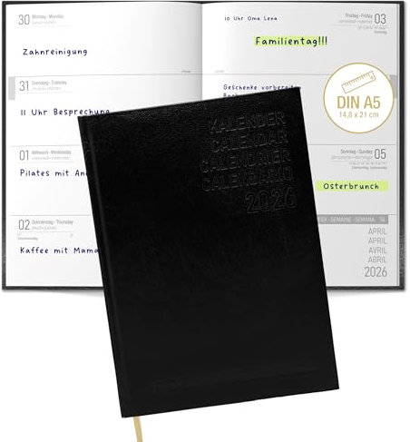 TOBJA PlanWise Buchkalender 2026 A5 – Terminplaner mit 1 Woche auf 2 Seiten – Flex-Hardcover Kalender DIN A5 in Lederoptik – Jahresübersicht & Ferien – eleganter Timer