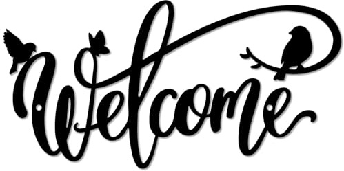 CREATCABIN Welcome Metal Cutout Black Sign Wall Decor Word Signs Bird Plaque Silhouette Sculpture Decoration Hollow Out Wall Hanging Ornament for Door Garden Home Indoor Outdoor 11.8 x 5.9 Inch