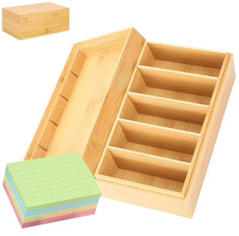 A7 Scatola per Schedari Legno, 22x12,6x9cm Porta Carte Legno con Coperchio, Box per Schede in Wood Organizer con 4 Divisorio Rimovibile E 400 Pezzi Scheda Indice, per Schede(include Scheda Indice)