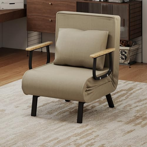Fabulcozy Divano Letto Convertibile 3 in 1, Poltrona Regolabile 5 Posizioni, Fodera Rimovibile Lino-Cotone, Cuscino Spesso, Piedi Metallo Trapezio Inclinato, Braccioli Legno-Metallo, per Salotto,Khaki