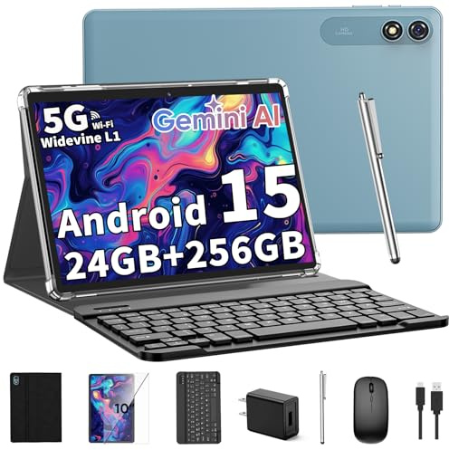 Relndoo Tablette Android avec clavier, tablette Android 15 10 avec 24 Go + 128 Go, 1 To d'extension, 8 cœurs, 8 000 mAh, Wi-Fi 5G, Widevine L1, GMS, avec étui, clavier, souris, stylet (noir)