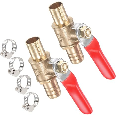 TA-VIGOR Ball Valve Shut-Off Valves, 2 Way 10mm Brass Ball Valve Adapter, Hose Barb Tube Fittings with 90 Degree Non-Slip Handle with Clamps–2 PCS