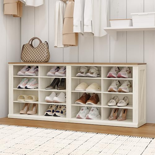 Hzuaneri Shoe Bench, Storage Bench Rack with 16 Compartments，Adjustable Shelves, Shoe Cabinet Storage for Hallway, Living Room, Bedroom, 28.7 x 104 x 58 cm, White and Brown SB24614X