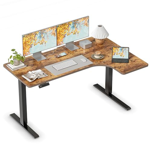 FEZIBO Electric Standing Desk, Height Adjustable 140 x 80 Gaming L-Shaped Desk, Sit-Stand Office Desk for Home Office, Ergonomic Computer Desk with Spliced Board,Rustic Brown