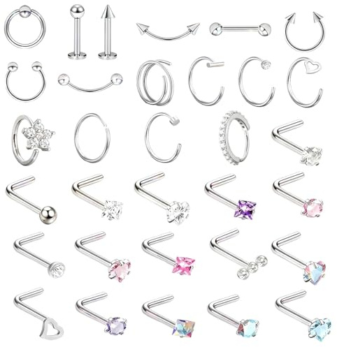 pozuauoa 32pcs Silver Nose Studs Silver Nose Rings, 16g/20g NOSE Piercings NoSe Piercing Jewellery, Stainless Steel Noses Hoops Noses Stud Eyebrow Studs Lip Rings Septum Piercings Jewellery