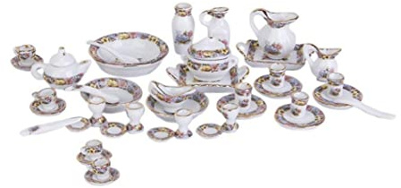 Temeemeg Juego de té en Miniatura, Mini Tetera de Porcelana, Tazas de té, Platos, Kit de Platos, Accesorios para casa de muñecas, 40 Uds.