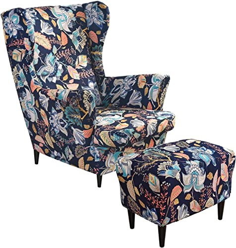 WHOROB Ohrensessel überzug mit Hocker Bezug, 2 Teilig Sessel-Überwürfe+1 Teilig Ottomane Schonbezug, Beige/Grün/Rosa/Blau Ohrensessel Schonbezüge Sesselhusse Stretch Tiger Stuhlbezug mit Armlehne