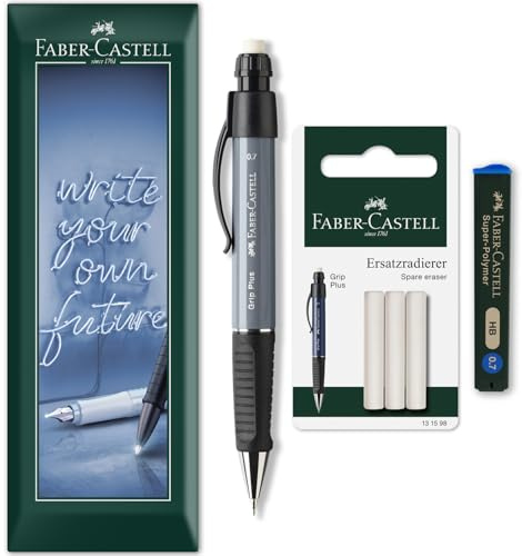 Faber-Castell Grip Plus Druckbleistift + 12 x 0,7 mm HB-Minen + Radiergummi-Nachfüllungen in Umschlagverpackung (Steingrau)