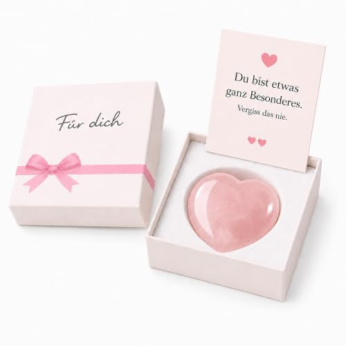 QMofeixiaodianQ Rosenquarz Herz 6cm Handschmeichler Geschenkset | Naturstein Handschmeichler mit Geschenkbox & Karte - Geschenk für Frauen, Freundin, Muttertag, Valentinstag & Geburtstag
