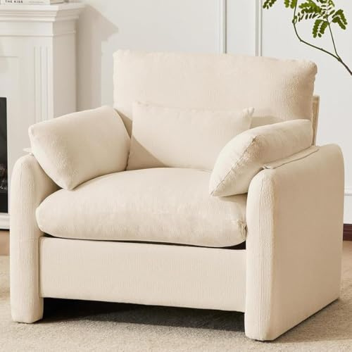 Ckaff Extragroß Ohrensessel Sessel Wohnzimmer, 93.5cm Polstersessel Einzelsofa Fernsehsessel mit Abnehmbares Armlehne & Wurfkissen, Einzelsofa Lesesessel für Wohnzimmer Schlafzimmer, Beige