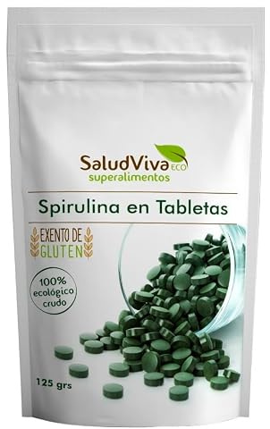Spirulina en Tabletas Salud Viva Bio 125 g, espirulina ecológica 100%, suplemento vegano en tabletas, sin gluten, sin lactosa y sin azúcares añadidos, formato práctico diario.