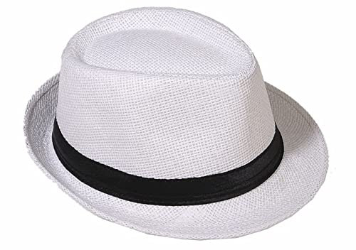 Strohhut Panama Fedora Trilby Gangster Hut Sonnenhut mit Stoffband Farbe:-Weiß (Strohhut) Gr:-58