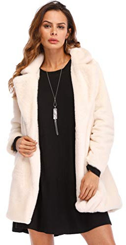 YuanDian Damen Kunstfell Mantel Midi Lange Loose Fit Weich Langarm Casual Warm Einfarbig Revers Kunstpelz Jacke Frauen übergang Fellimitat Outerwear Beige M