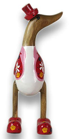 ART-CRAFT Figura decorativa de madera con diseño de pato, de raíz de bambú y madera de teca con diseño de flores, color blanco, 25 cm de alto