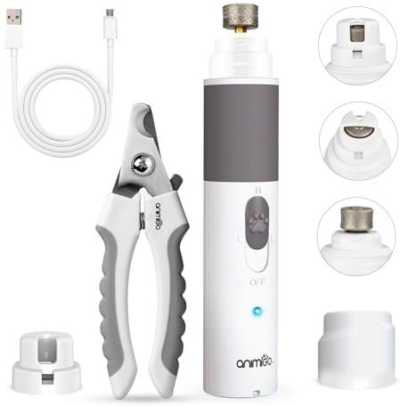 animigo Krallenschleifer, Krallenschere für Hunde & Katzen - Verschiedene Diamantkopf Größen - Sehr Leise - Motor mit 2 Geschwindigkeiten & USB Anschluss - Für Haustiere Aller Krallengrößen