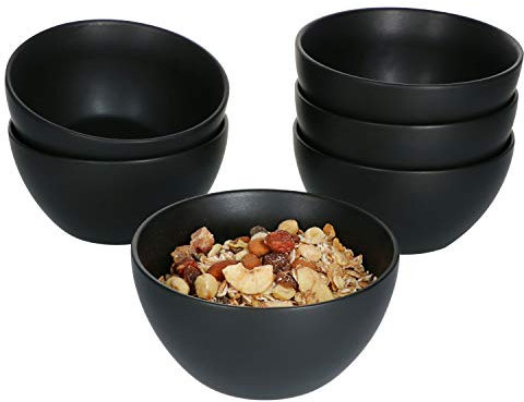 MamboCat Leopard Lampart Nero 6er Set Müsli-Schalen schwarz matt I Steingut-Schüssel-Set 6 Personen - Ø 14 cm I moderne Müsli-Schale im angesagten Ethno-Look I schwarze Müsli-Schüsseln 6 Stück