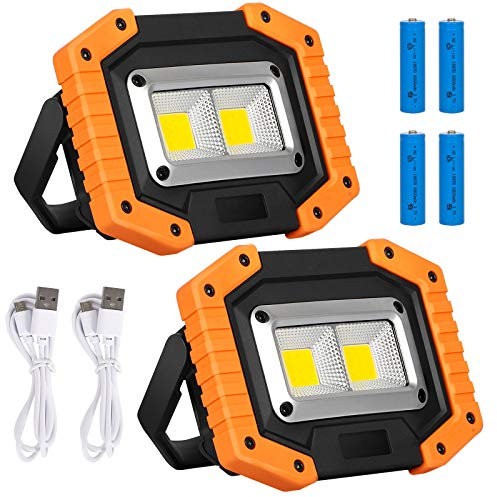 Lyneun LED Baustrahler 30W, Arbeitsleuchte Strahler Akku mit 4 * 18650mAh, IP65 Wasserdicht Campinglampe mit USB Wiederaufladbares für Camping, Fischen, Werkstatt, Baustelle(Gelb) 2er Pack