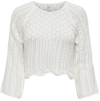 ONLY Damen Eleganter Strickpullover | Cropped 3/4 Arm Shirt | Knitted Pointelle Stretch Sweater ONLNOLA, Farben:Weiß, Größe:L