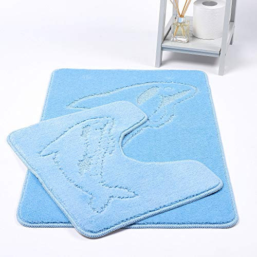 HOMES-LINEN Dolphin Bath Mats Non Slip Bathroom Mats 2 Piece Pedestal and Bath Mat Set Toilet Bathroom Rug (Sky Blue)