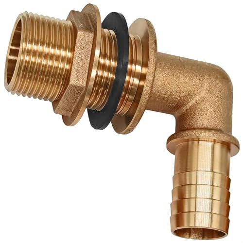 QUALITÄTS Regentonnendurchführung mit Schlauchtülle | Winkel 90° | ∅ Loch Regentonne 34mm | Tülle 1 ∅ ca. 25mm | Messing | Verschraubung Faßverschraubung