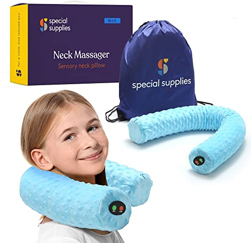 Special Supplies Sensory Vibrating Neck Pillow for Kids and Adults Plush Velvet Soft Cover with Textured Therapy Stimulation, Mind and Body Calming Relaxation - Blue