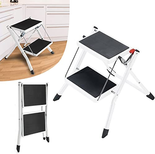 Escabeau en Acier à 2 marches - Mini Marchepied Pliable avec Poignée de Transport Confort et Pieds Antidérapants - Design Pliable Facile à Ranger - Échelle Domestique pour Maison Cuisine Garage