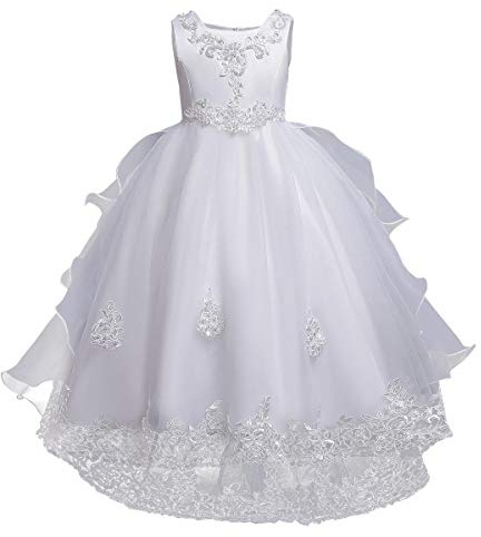 IWEMEK Robe Mariage Fille Enfant Robe Princesse Fleur Perlé Brodée Longue Dentelle Hi-Lo sans Manches Demoiselle d'honneur Soirée Cérémonie Baptême Photographie Anniversaire Carnaval Blanc 6-7 Ans