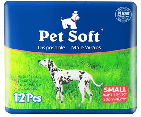 Pet Soft Dog Nappies Male - 12 Count Disposable Dog Wraps, Super Absorbent Belly Bands for Male Dogs (S-12 Count)