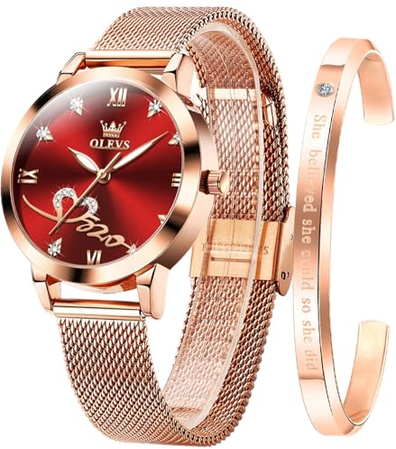 OLEVS Damenuhr Roségold mit Herz Diamant Quarz Armbanduhr Wasserdicht Gürtel Armreif Set
