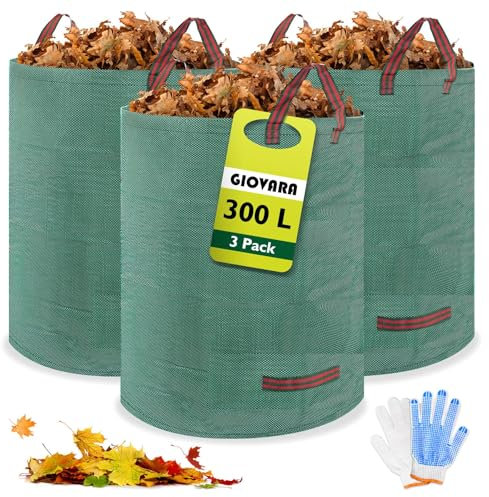 GIOVARA Garden Waste Bags 300L 3-Pack Heavy Duty Garden Bags, Waterproof Heavy Duty, Large Reusable Garden Waste Sacks with Strong Handles, Durable Leaf, Grass Collection Bags