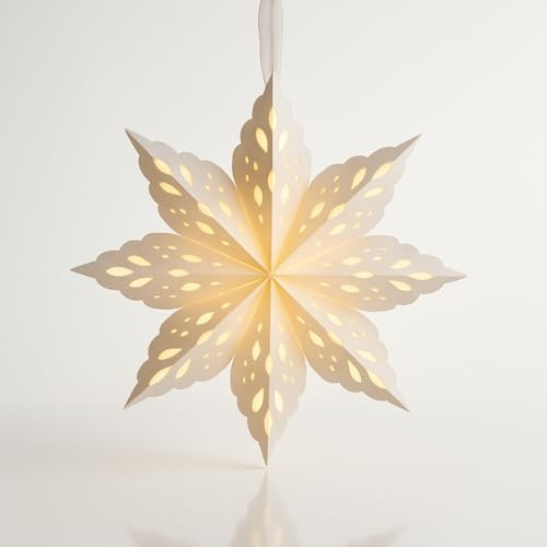 Tim Home Weihnachtsstern beleuchtet aus Papier 39 cm - warmweiß mit 20 LEDs und Timer, batteriebetrieben - LED Papierstern für Fensterdeko hängend - kabellos, stimmungsvolle Weihnachtsdeko in Weiß