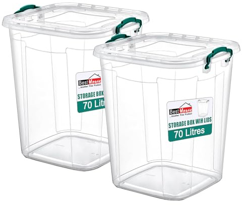 Best House | Plastic Storage Box with Clips & Lids | Size: 70L (L:47.9cm W:45cm H:56cm) | Set of 2 | Square Shape | Stackable Clear Durable Multipurpose Office Home Kitchen Tools (LARGE Size)