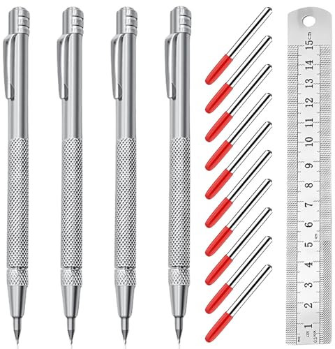 4 Stück Wolframcarbid Stift, Anreissnadel Metall Scriber Stift mit 10 Ersatz Red Hat Markierspitzen und Stahllineal Anreißwerkzeuge Anreißnadel Hartmetall mit Magnet für Glas Keramik Gehärteten Stahl