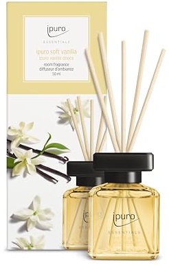 ipuro - Essentials Raumduft Soft Vanilla 50ml | Raumerfrischer mit Vanille, Sandelholz, Lakritz, Pfirsichblüte & Karamell Duft Aroma | Diffuser mit Stäbchen | Lufterfrischer für die Wohnung