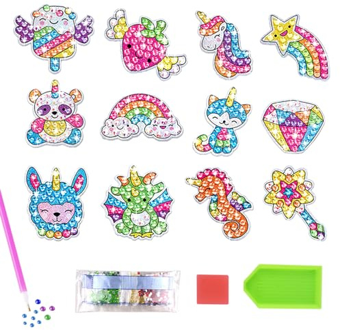 SSKHE 12pcs Suncatcher Craft Sets DIY Diamond Toys Gemstone Art Painting 5D Gemstone Diamond Art Craft Stickers Kit Birthdays,Creative Presents Easter Crafts Gifts for Children 3-12 (Animals)