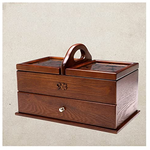 asdchZen Klassischer Erweiterbarer Holz-Nähkasten, Korb-Aufbewahrungskorb, Einfacher Tragegriff, Nähset, Hölzerner Nähkasten-Korb Mit Fach, Hölzerner Vintage-Nähkasten (35 X 20 X 22,5 cm)
