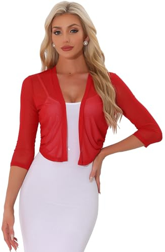 Allegra K Donna Coprispalle Elegante Bolero in Chiffon Trasparente Maniche A 3/4 Cardigan in Rete Giacca Corta Estivo Rosso XL