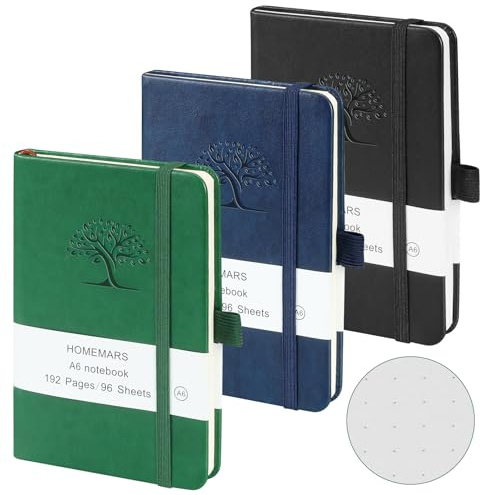 HOMEMARS Anteckningsblock a6, 3 stycken anteckningsböcker, bullet prickad journal, 14,4 cm x 9,6 cm anteckningsblock, svart, grön, blå, prickig, 192 sidor, anteckningsblock, anteckningsblock