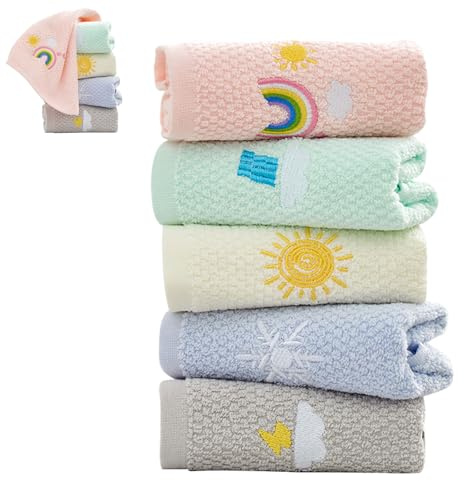Toalla, 5 piezas Toalla de Dibujos Animados de Colores, 25 x 50cm Toalla con Estampado Meteorológico de Dibujos Animados, Toallas Bordadas, para Gimnasio, Hogar, Baño(5 Colores)