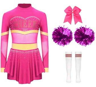MSemis Niñas Disfraz de Animadora con Pompón y Calcetines y Lazo Uniforme de Porrista Vestido Maillot de Baile Manga Larga con Pedrería Traje de Danza Competición 5-16 Años Rosa fuerte A 7-8 años