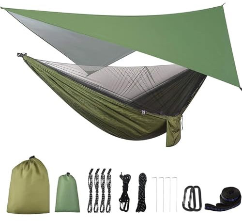 QIUYMGFG Hängematte Outdoor Camping Hängematten Camping-Hängematte mit Netz-Zelt-Baumgurten, tragbare Einzel-Doppel-Fallschirm-Hängematte aus Nylon für Reisen(Army Green)